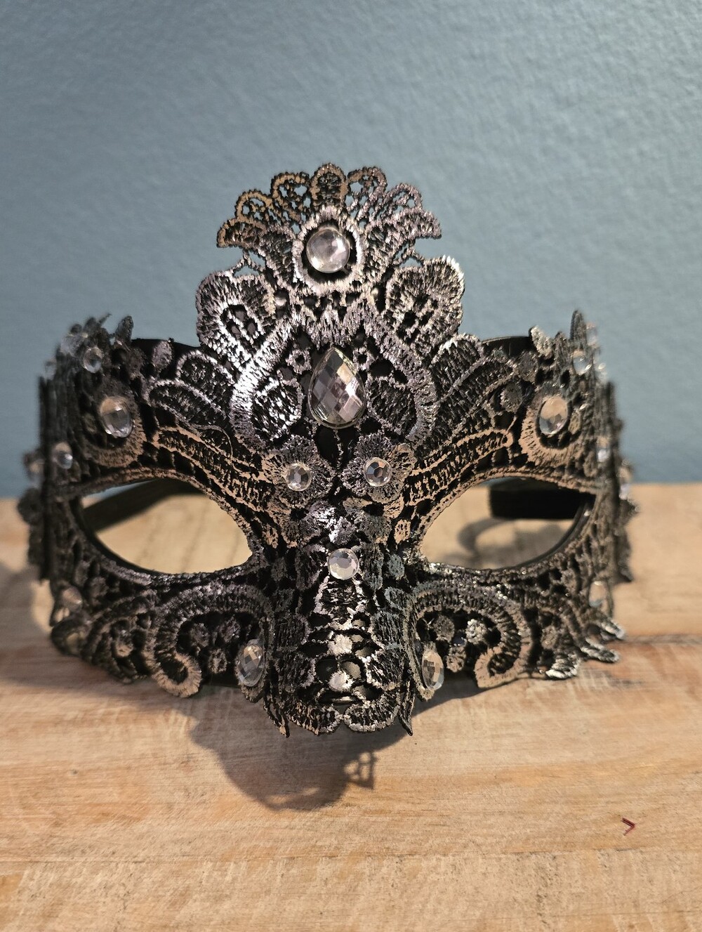 Black and Silver Lace Masquerade Mask with Rhinestones
